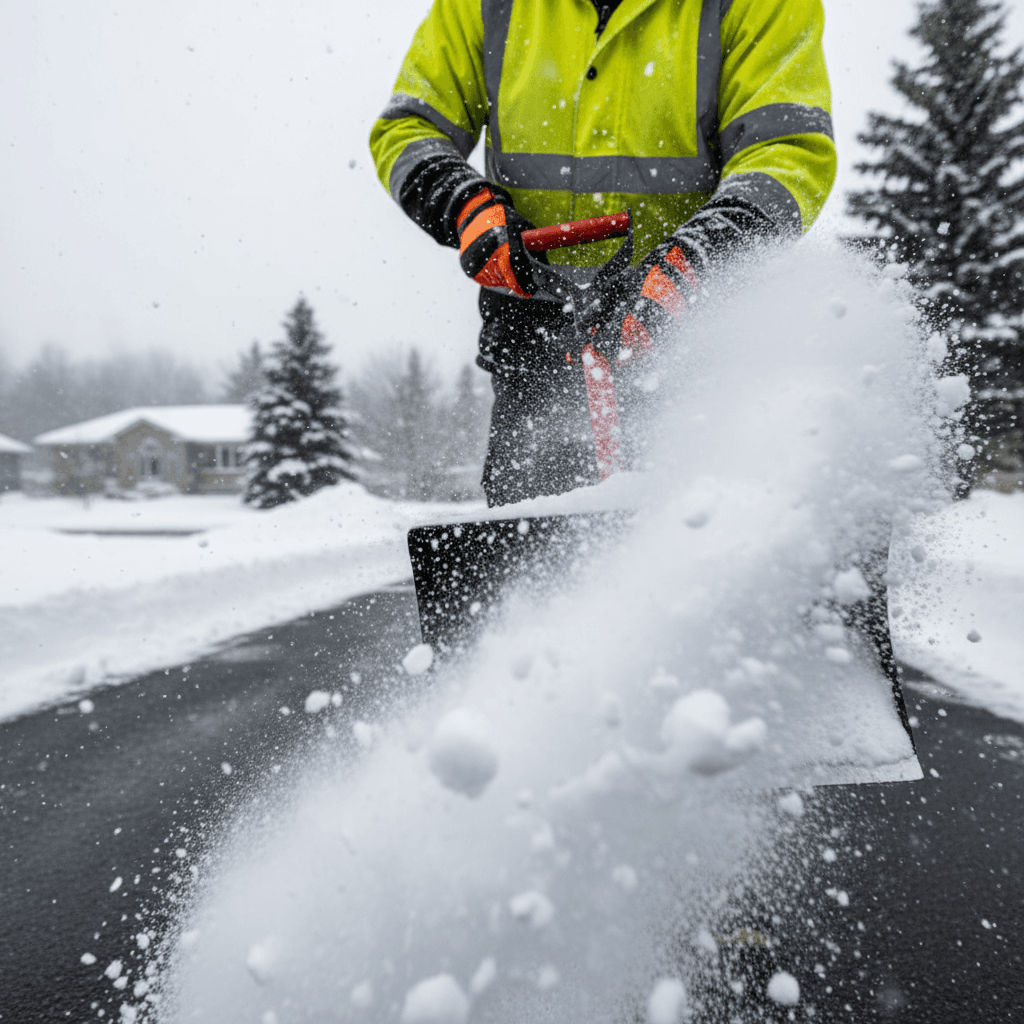 Close-up of worker's gloved hands pushing snow shovel with snow spray during active snowfall