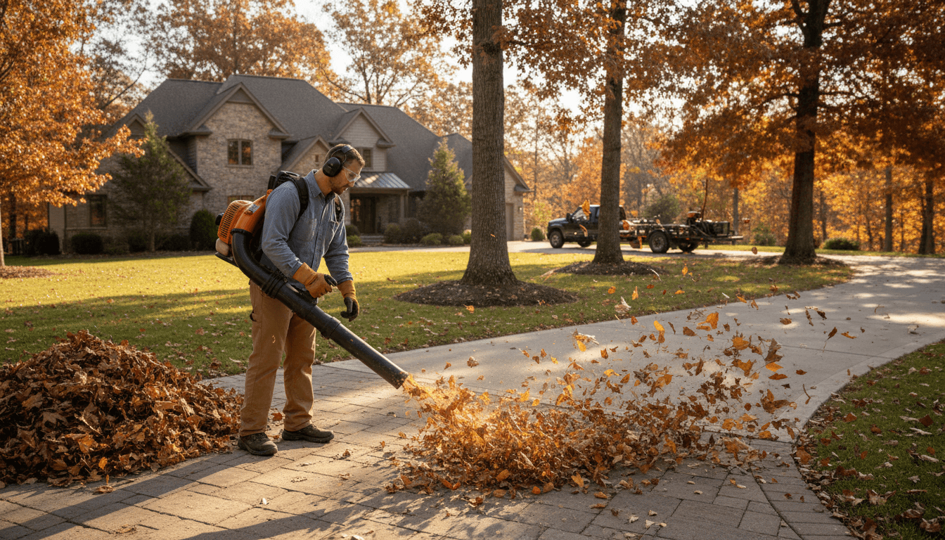 Landscape professional using leaf blower to clear autumn leaves from residential property driveway during seasonal yard maintenance