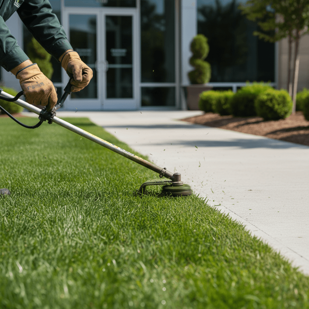 Grounds maintenance worker using precision string trimmer to edge lawn along concrete walkway in bright sunlight