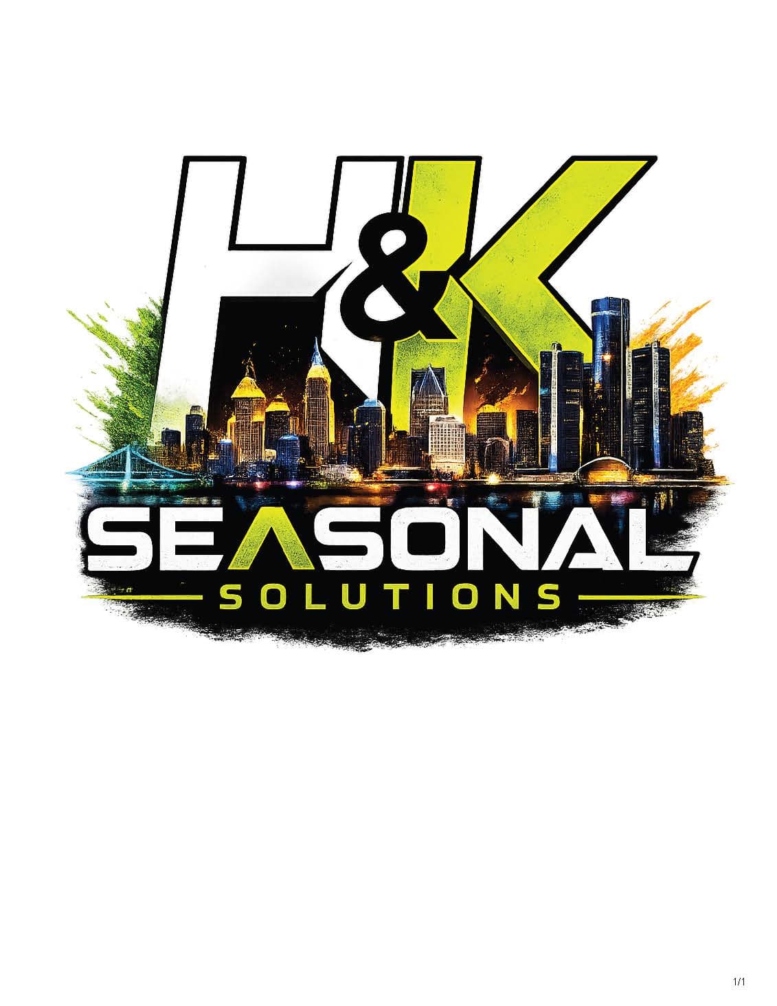 H&K Seasonal Solutions logo featuring the Detroit skyline at night with green lettering.